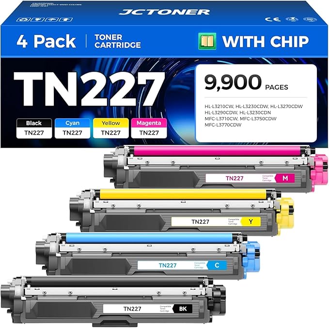 TN227 Toner Cartridge Set 4-Pack Replacement for Brother TN-227 TN223 Compatible with Color HL-L3270CDW HL-L3210CW MFC-L3770CDW HL-L3290CDW MFC-L3750CDW L3710CW HL-L3230CDW L3230CDN Printer Ink Black