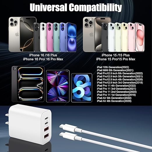 USB Type C Charger for iPhone 16 Pro,40W Multiport Type C Charger Fast Charging,2Pack 4 Port USB C Wall Charger 10FT USBC Chargers Cord for iPhone 16/16 Pro/16 ProMax/16e/15/15 ProMax/15 Plus,iPad Pro