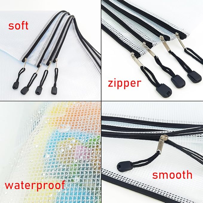 AUSTARK 10 Pcs Zipper File Bags, Waterproof Plastic Mesh Pouch for Office School, Board Game Storage Bags (A4 Size 13.4''x9.4'', White and Black)
