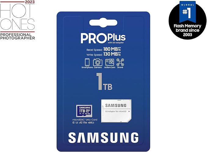 Samsung PRO Plus microSD Memory Card + Adapter, 1TB MicroSDXC, Up to 180 MB/s, Full HD & 4K UHD, UHS-I, C10, U3, V30, A2 for Android Phones, Tablets, GoPRO, DJI Drone, MB-MD1T0SA/AM, 2024