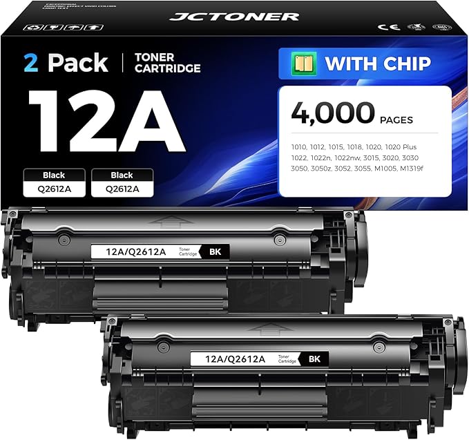 12A Black Toner Cartridge 2-Pack Replacement for HP 12A Q2612A Compatible with Laserjet MFP M1005 M1319f 1010 1012 1015 1018 1020 Plus 1022 1022n 1022nw 3015 3020 3030 3050z 3050 3052 3055 Printer