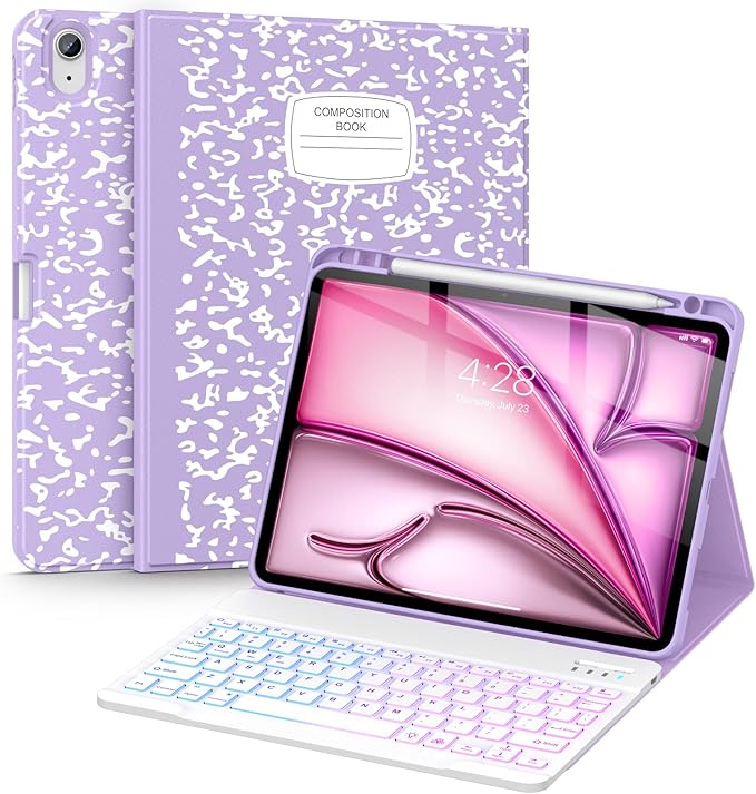 Supveco Keyboard Case for iPad Air 11 Inch (M3 2025,M2 2024),iPad Air 5th/4th Generation with Pencil Holder-7 Colors Backlit Wireless Detachable Folio Keyboard Cover with Soft TPU Back-Lilac