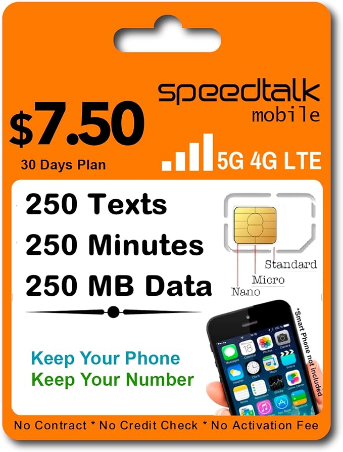 SpeedTalk Mobile SIM Card Kit for Smart Phones & Cellphones | $7.50 Monthly Plan - 250 Texts (SMS) + 250 Minutes (Talk) + 250 MB 5G 4G LTE Data | 3-in-1 Standard Micro Nano size | 30 Days USA Coverage