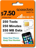 SpeedTalk Mobile SIM Card Kit for Smart Phones & Cellphones | $7.50 Monthly Plan - 250 Texts (SMS) + 250 Minutes (Talk) + 250 MB 5G 4G LTE Data | 3-in-1 Standard Micro Nano size | 30 Days USA Coverage