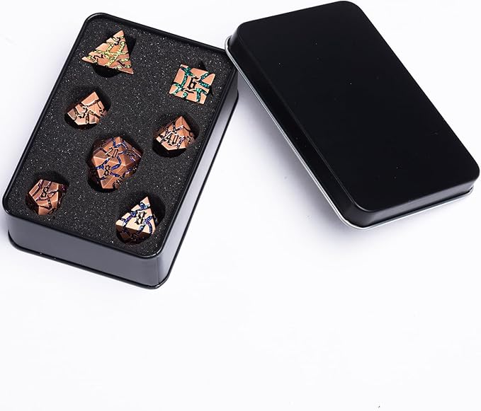 DND Metal Dice Set,7PCS Crack Glitter Metallic Dice with Gift Box,Polyehdral Dice Set for Dungeons and Dragons (Antique Red Copper 7 Colors)