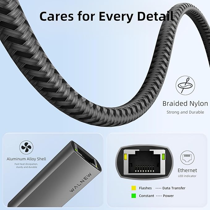 USB 3.0 Ethernet Adapter, WALNEW 1000Mbps Gigabit USB to Ethernet LAN Network Adapter, Aluminum USBA Male to RJ45 Female Cable Converter for MacBook,Chromebook,Surface, Laptop,Desktop,PC
