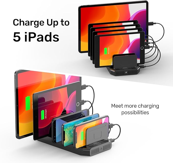 【5PCS】 Unitek USB Charging Station, 10 USB Fast Ports Charge Docking Station and Adjustable Dividers, Multi Device Charger Organizer Compatible with iPad, iPhone, Tablet and Cell Phone - 5PCS, Black