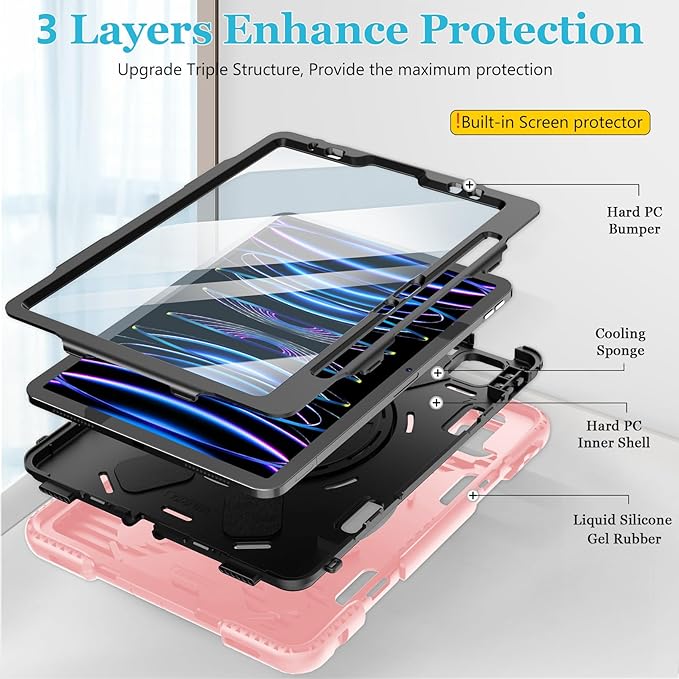 Case for iPad Pro 11 Inch 2022/2021/ 2020/2018: Silicone Cover for iPad 11 Inch 4th/ 3rd/ 2nd/ 1st/ Generation with Screen Protector- Stand- Handle- Shoulder Strap- Pencil Holder- Rose Gold