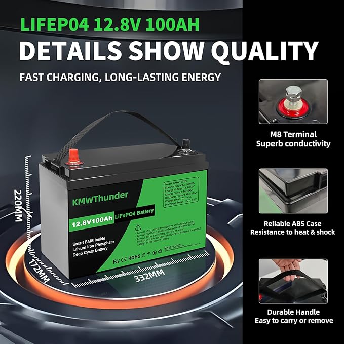12V 100Ah LiFePO4 Lithium Battery, Built-in Smart BMS, Low Temperature Protection Group 24 Deep Cycle Battery for Trolling Motor, RV, Solar, Marine, Camping and Off Grid Applications