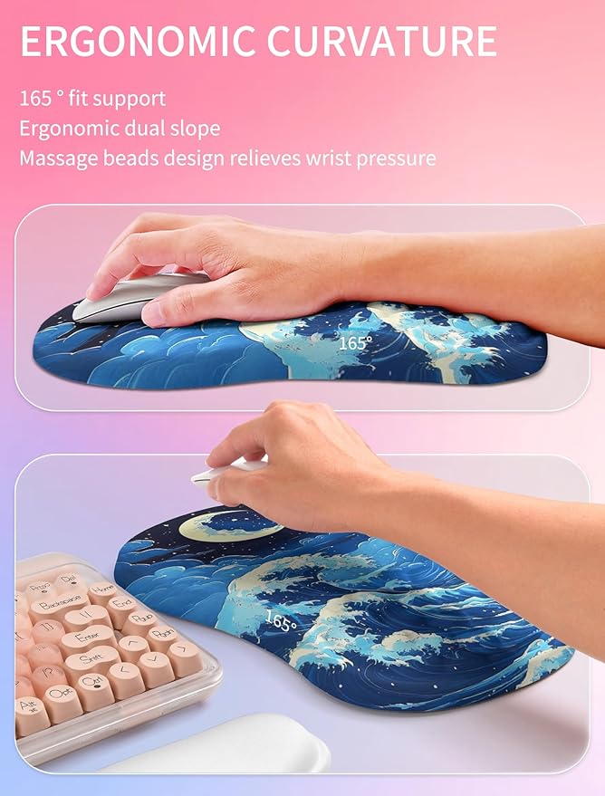 Hokafenle 2in1 Combination, Wave Keyboard Wrist Rest and Ergonomic Curvature Mouse Pad Wrist Support for Relieve Wrist Pain, Filled with Soft Cushion Memory Foam, Crescent Waves