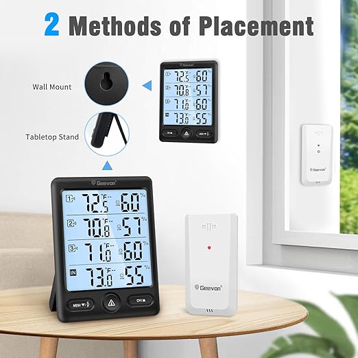 Geevon Indoor Outdoor Thermometer Wireless 3 Remote Sensors, 5-Inch Display Digital Hygrometer Thermometer Temperature Humidity Monitor with 8S Backlight, Battery-Powered (Black)