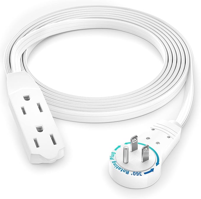 Maximm Cable 6 Ft 360° Rotating Flat Plug Extension Cord/Wire, 16 AWG Multi 3 Outlet Extension Wire, 3 Prong Grounded Wire - White - UL Certified