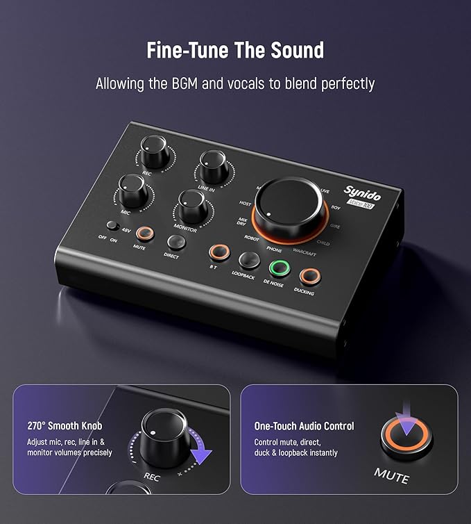 Synido Podcast Equipment, Audio Interface for Podcasting with Pro-preamp, 48V Phantom, DJ Mixer Effects, 9 Customize Sound Pads, XLR Input/6.35/3.5 Line In, for Live Streaming/Music Recording/Gaming