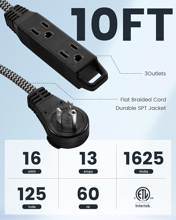 SURAIELEC 10FT 360° Rotating Flat Plug Extension Cord Flat Wall Plug with 3 Outlets, Braided Flat Black Extension Cord for Indoor Use, Small Space, 16/3C SPT, ETL Listed