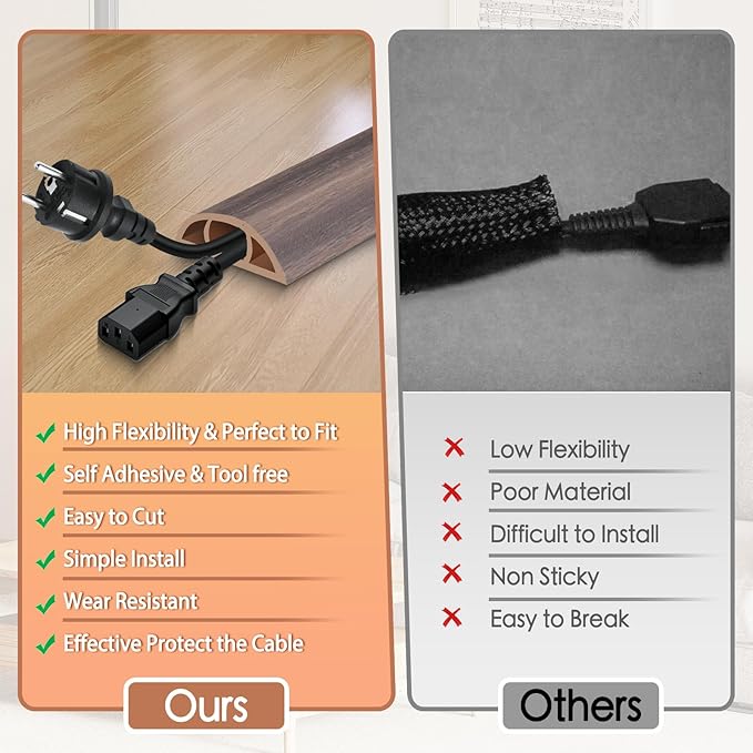 Floor Cord Cover for Wires on Floor Self Adhesive Cord Hider Floor Cable Management Wire Covers for Cords Protector Prevent Cable Trips Cord Cavity W 0.59" x H 0.31", Grayish Brown Wood, 3.3Ft