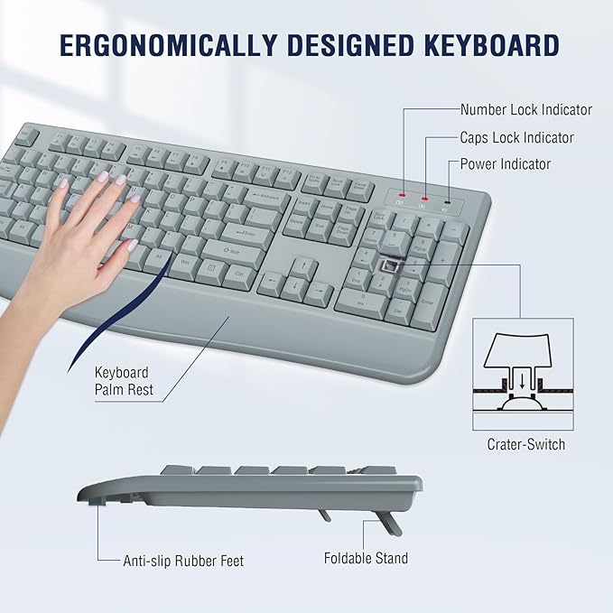 Wireless Keyboard and Mouse Combo, EDJO 2.4G Full-Sized Ergonomic Computer Keyboard with Wrist Rest and 3 Level DPI Adjustable Wireless Mouse for Windows, Mac OS Desktop/Laptop/PC(Grey)