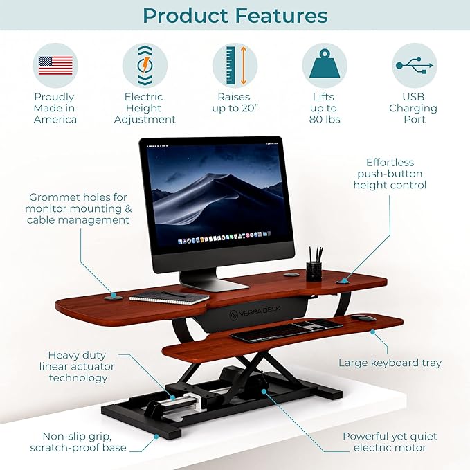 VERSADESK 48 Inch Electric Height Adjustable Ergonomic Desk Converter, PowerPro™ Height Standing Desk Riser, Keyboard Tray, Built-in USB Charging Port, Sit Stand Workstation, Hold 80 lbs, Cherry