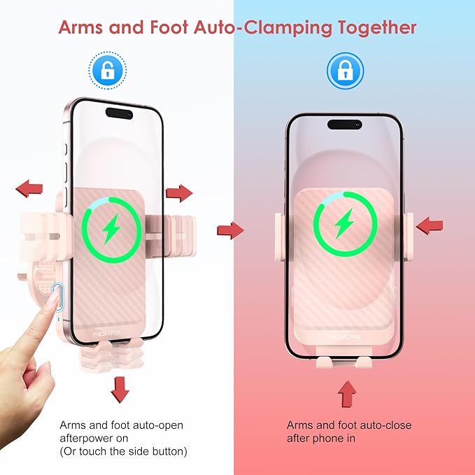 Wireless Car Charger, MOKPR 15W Fast Charging Auto-Clamping Car Charger Phone Mount Air Vent Cell Phone Holder Compatible iPhone 16/15/14/13/13 Pro/12 pro/12/11, for Samsung Galaxy S23/S22/S21, Pink