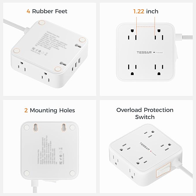 TESSAN 10 Ft Flat Plug Extension Cord with Multiple Outlets, Surge Protector Power Strip with 3 USB(1 USB C) 8 Outlets, 900J Protection, Desk Charging Station for Home, Dorm Room Essentials, White