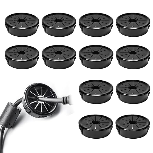 12 Pcs Cable Grommet, Snap Bushing 1-1/2" (38 mm) Mounting Diameter, Flexible Petal-Shaped Buckle Round Nylon Desk Grommet for Wires Through Countertop Cord Organizer and Protection, Black