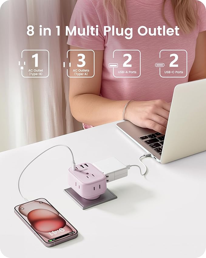 LENCENT Multi Plug Outlet Extender with USB C, 4 AC Electrical Outlet Expander with 4 USB Charger Cube, Small Multiple Wall Tap Plug Splitter for Home Office Travel Cruise Dorm Essentials- Pink