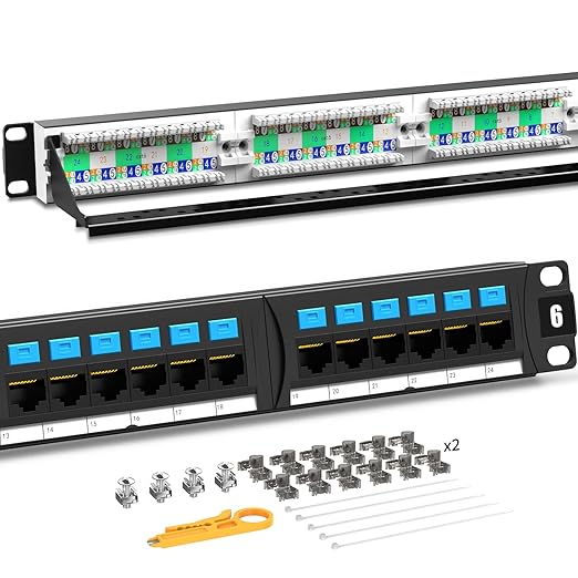 AMPCOM CAT6 24 Ports Patch Panel, Rack Mount - 1U, 19 inch，RJ45 Ethernet 568A 568B, Gold Plated, with Rear Cable Management Bar