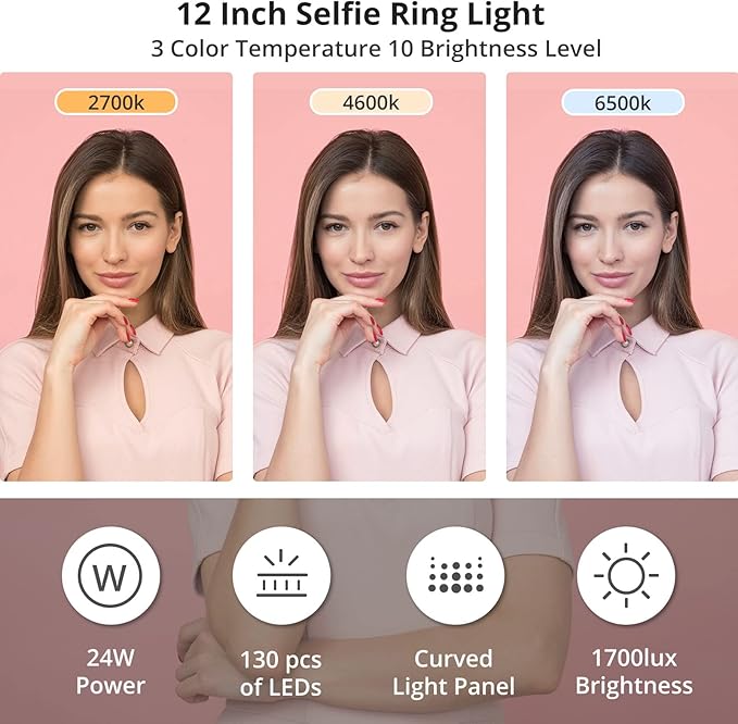 12" Ring Light with Stand and Phone Holder,Overhead Phone Stand,2 Phone Holders,2700-6500K,3 Color Modes,10 Brightness Levels,Remote Control,Adjustable,Live Stream,Tiktok/YouTube