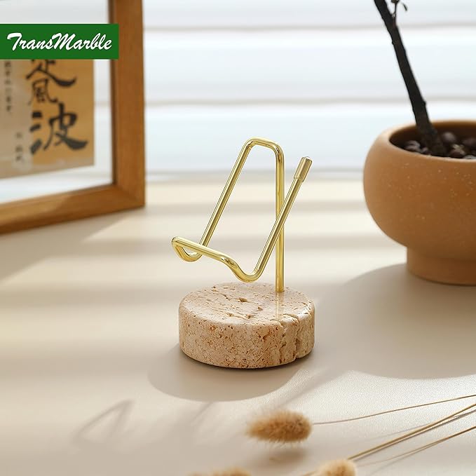 Marble Phone Stand with Metal Holder, Charging Available While Using, Swipe Up to Unlock, Made of Natural Marble as Business Card Holder for Office Desk (Travertine Beige + Gold)