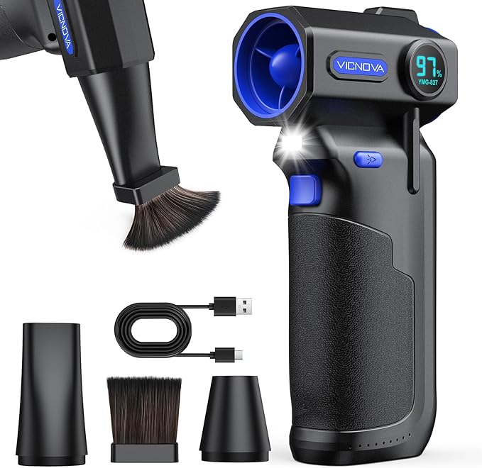 VICNOVA Compressed Air Duster, 150,000RPM Cordless Electric Air Blower with 3-Speed Adjustable Rechargeable with LED Light for Cleaning Car, Computer, PC Keyboard, Gifts for Dad, Man, Him