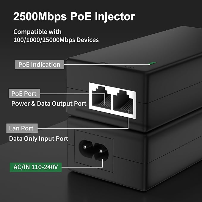 2.5Gb PoE+ Injector Adapter 30W 48~55V, IEEE 802.3at/af Compliant, Converts Non-PoE to PoE Network, 100/1000/2500Mbps RJ45, Up to 328 ft, Plug & Play (30W)