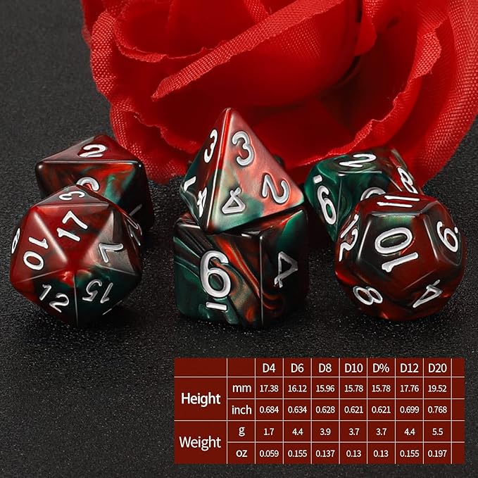QMAY DND Dice Set - Polyhedral Dice (Red Mix Green) 7 Pcs for Dungeon and Dragons D&D RPG Role Playing Games Dice with Dice Bag