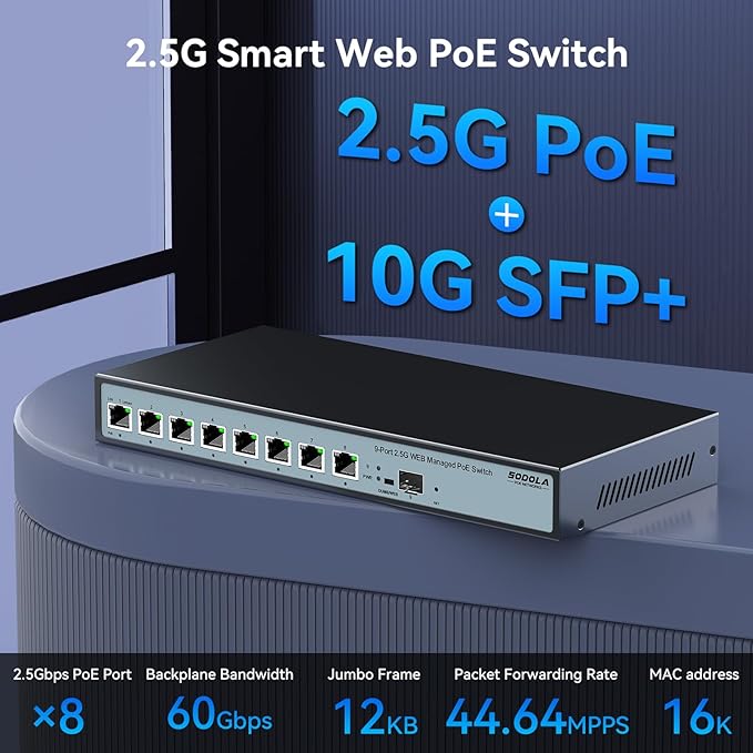 SODOLA 8 Port 2.5G Web Managed PoE Switch 120W | 1X 10G SFP+ & 8 x 2.5GBase-T Ports, Max 90W Output, IEEE802.3af/at/bt, Desktop & Wall Mount 2.5GbE Network Switch