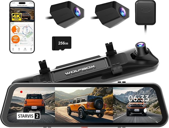 WOLFBOX G900 Tripro Bumper Version 3 Channel 4K Mirror Dash Cam, STARVIS 2 IMX678 Night Vision, 4K+2.5K+1080P Front and Rear Bumper Dash Cam, 5.8GHz WiFi, Voice Control, Includes 256GB Card & GPS