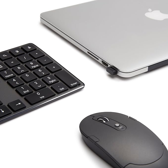 Amazon Basics Ultra Premium Wireless Keyboard and Mouse Combo - Rechargeable, Ultra Slim Design, Quiet, Full Size, Number Pad, Unifying Receiver, Black