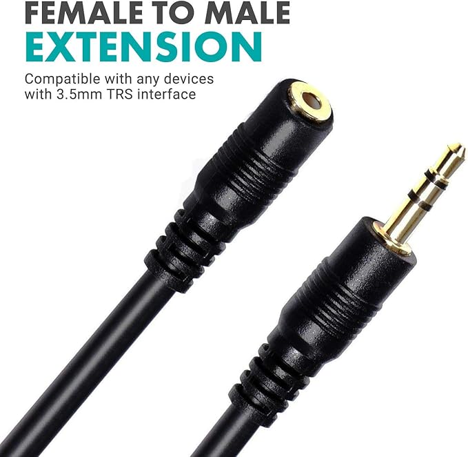 Movo MC10 3.5mm Audio Cable - 3.5mm TRS Female to Male 10ft Extension Cord for Microphones, Headphones, and More