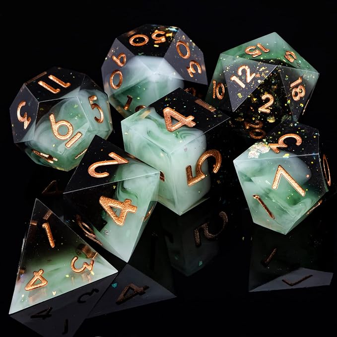 ARUOHHA Sharp Edges Dice Set DND Handmade Resin Dice with Gift Box, 7 Pcs Glitter Inclusions Polyhedral Dice RPG Role Playing Games D and D Dice with Box