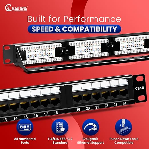 NewYork Cables 24 Port Cat6 Patch Panel – 10Gb Ethernet, 1U Rackmount 19-Inch, T568A/B Color-Coded Labels, Unshielded, 110/Krone Compatible, Black