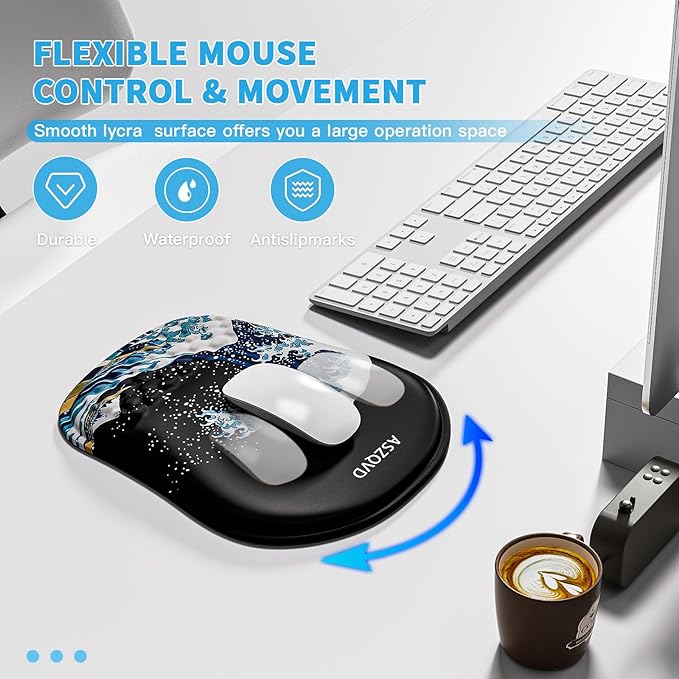 Mouse Pad with Wrist Rest, Ergonomic Mousepads with Wrist Support, Soft Lycra Fabric Memory Foam Office Desk Accessories for Comfort/Pain Relief/PC Gaming/Computer/Laptop (Black Kanagawa)