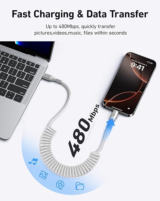 USB C to C Cable 6ft for Car, Coiled Braided USB Type C Cable 66W Fast Charging Cord USBC Cables Compatible with iPhone 17 16 15 Pro Max, iPad, Samsung Galaxy, Google Pixel Phones-Silver 2Pack