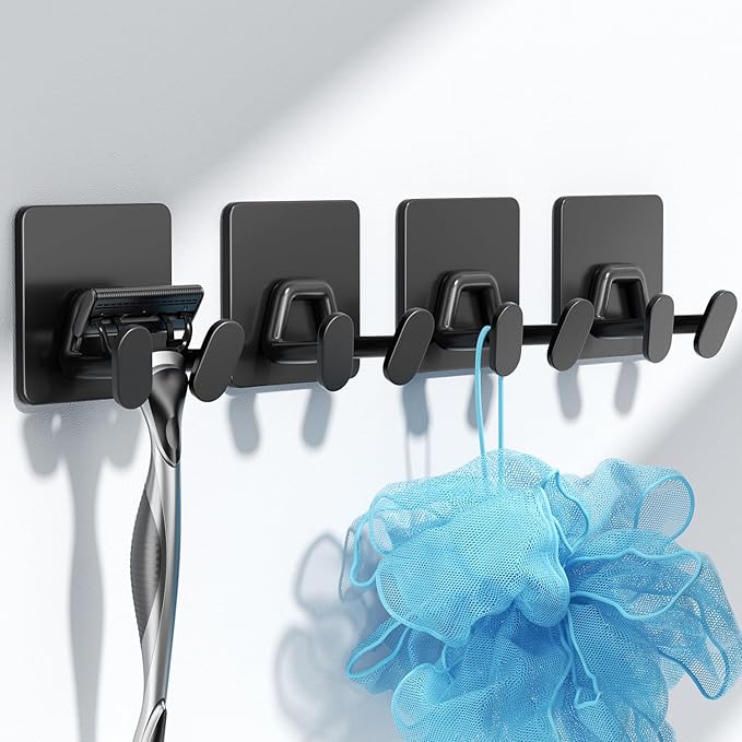 10 Pack Shower Hooks for Inside - Extra Sticky Stainless, Razor Holder Shower Accessories, Wall Mounted Self-Adhesive Hooks for Razor, Loofah, Towel, Coat, Key, Matt Black,