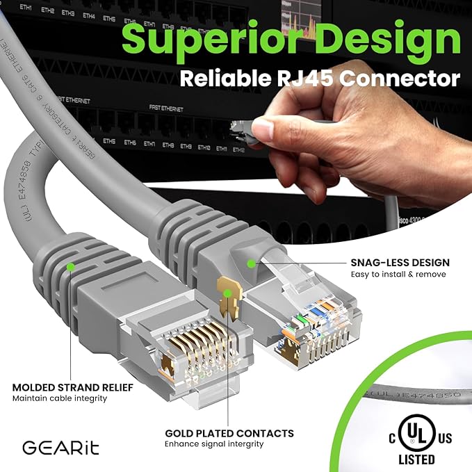 GEARit Cat 6 Ethernet Cable (1-Pack 7 Feet) Cat6 Network Patch, 10Gbps, RJ45, Snagless Cord, Gold-Plated Connectors, Internet for PC, TV, Tablet, Router, Printer, Servers, IT Data Center - Gray