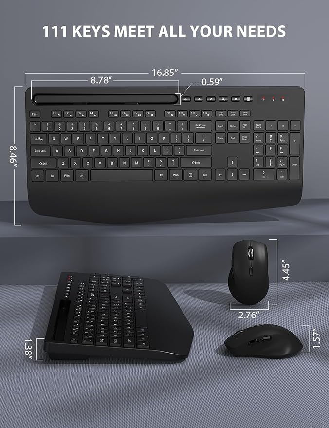 Wireless Keyboard and Mouse Combo 2 Pack - Full-Sized Ergonomic Keyboard with Wrist Rest, Phone Holder, Sleep Mode, Silent 2.4GHz Cordless Keyboard Mouse Combo for Computer, Laptop, PC, Mac, Windows
