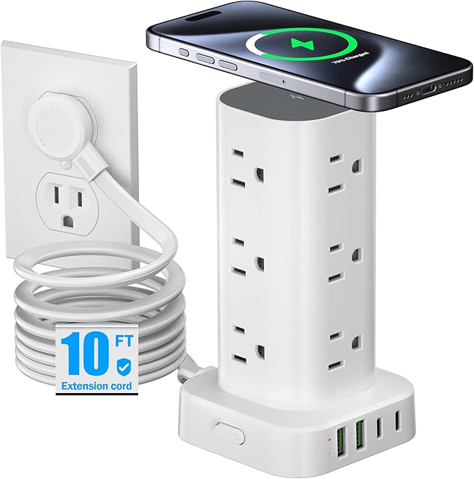 Tower Power Strip with 15W Wireless Charger, 10FT Flat Plug Extension Cord with Multiple Outlets, 12 AC Outlets, 4 USB Ports (2 USB C) Charging Station Surge Protector for Office Home Dorm Room(White)