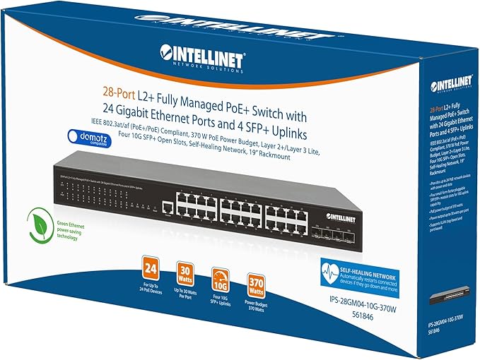 Intellinet 28-Port L2+ Fully Managed PoE+ Switch - with 24 Gigabit Ethernet Ports and 4 SFP+ Uplinks – 370W Power Budget, 30W per Port Max – 3 Yr Mfg Warranty – 561846