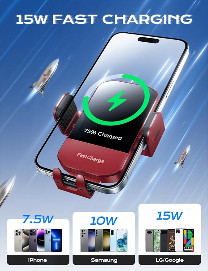 CHGeek Wireless Car Charger, 15W Fast Charging Auto Clamping Car Charger Phone Mount Phone Holder fit for iPhone 15 14 13 12 11 Pro Max Xs, Samsung Galaxy S25 Ultra S24 S23 S22, S21, S20, Red