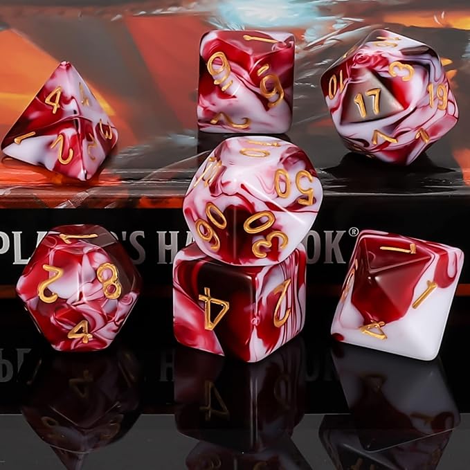 QMAY DND Dice Set -D&D Polyhedral Dice (7 Pcs) for Dungeons and Dragons (Blood red and White)