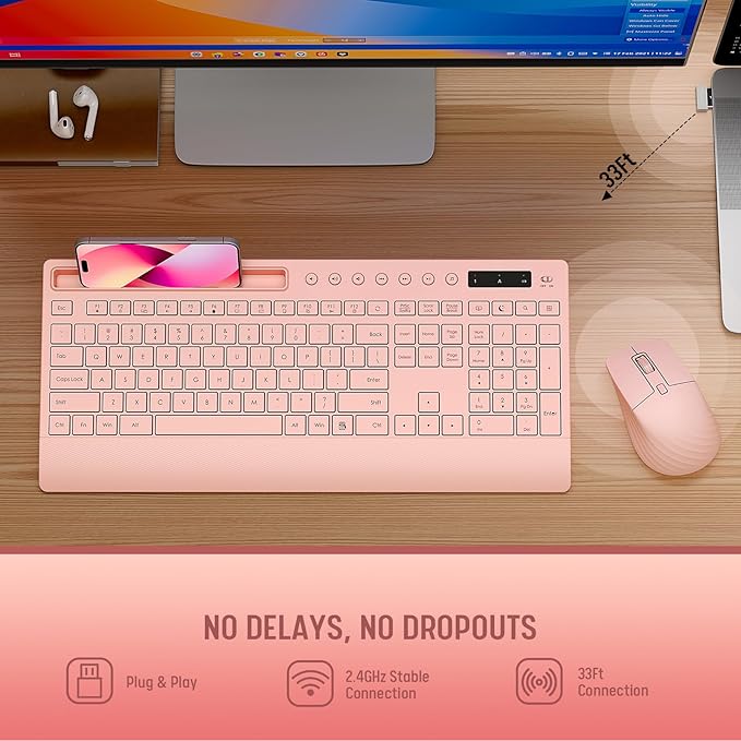 Pink Keyboard and Mouse Wireless, 2.4G Lag-Free Cute Keyboard Combo with Ergonomic Wrist Rest, Phone Holder & Batteries Included, Cordless Silent Key Board Set for Computer, PC, Windows - Trueque