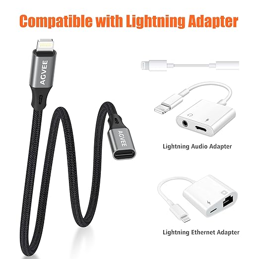 AGVEE 2 Pack 4 inch Lightning Extension Cable, Braided Female to Male Extender Full Function Cord Compatible with iPhone iPad, Data Sync Video Audio & Charging Connector Adapter, Dark Gray