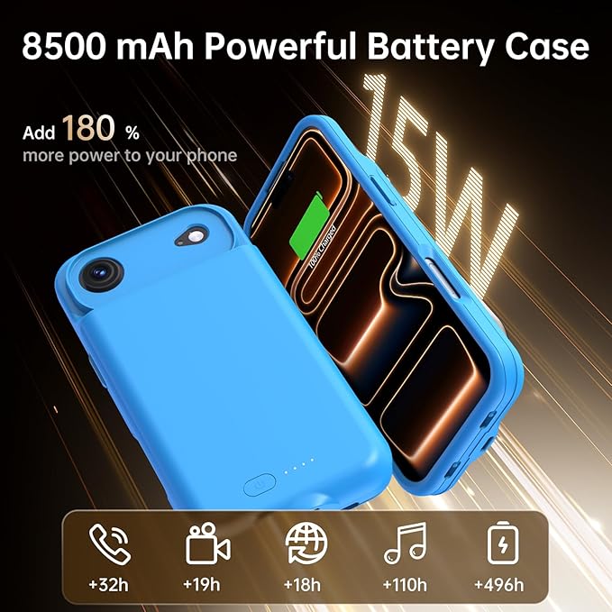 GIN FOXI Battery Case for iPhone 17 AIR, Charging Case Charger 8500mAh Ultra-Slim Lightweight Powerful Battery Pack 15W Fast Rechargeable Anti-Fall TPU Juice Box for iPhone 17 AIR (6.5") Blue