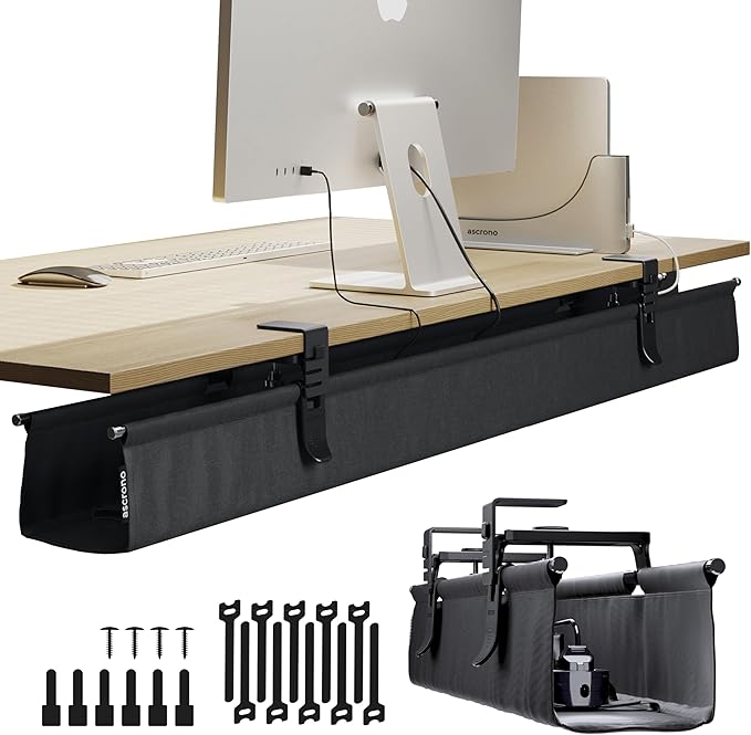 Ascrono Original No Drill Under Desk Cable Management Tray 53.9" - Premium Black Fabric Cable Management Under Desk - Clamp/Screw Mount Cord Organizer - Supports Upto 66lbs - Extra Large